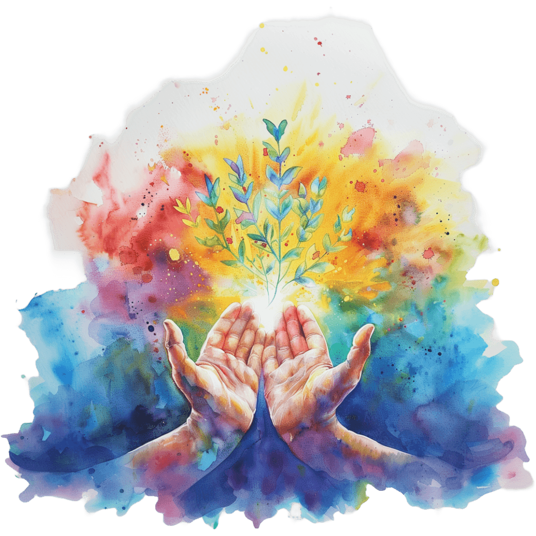 Aquarell - Hände halten einen leuchtenden Lebensbaum